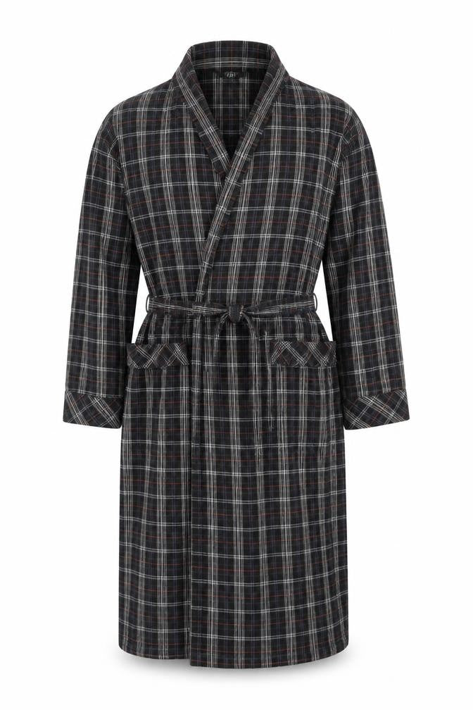Black Brown Men’s Black Plaid Cotton Flannel Belted One Piece Pyjamas M