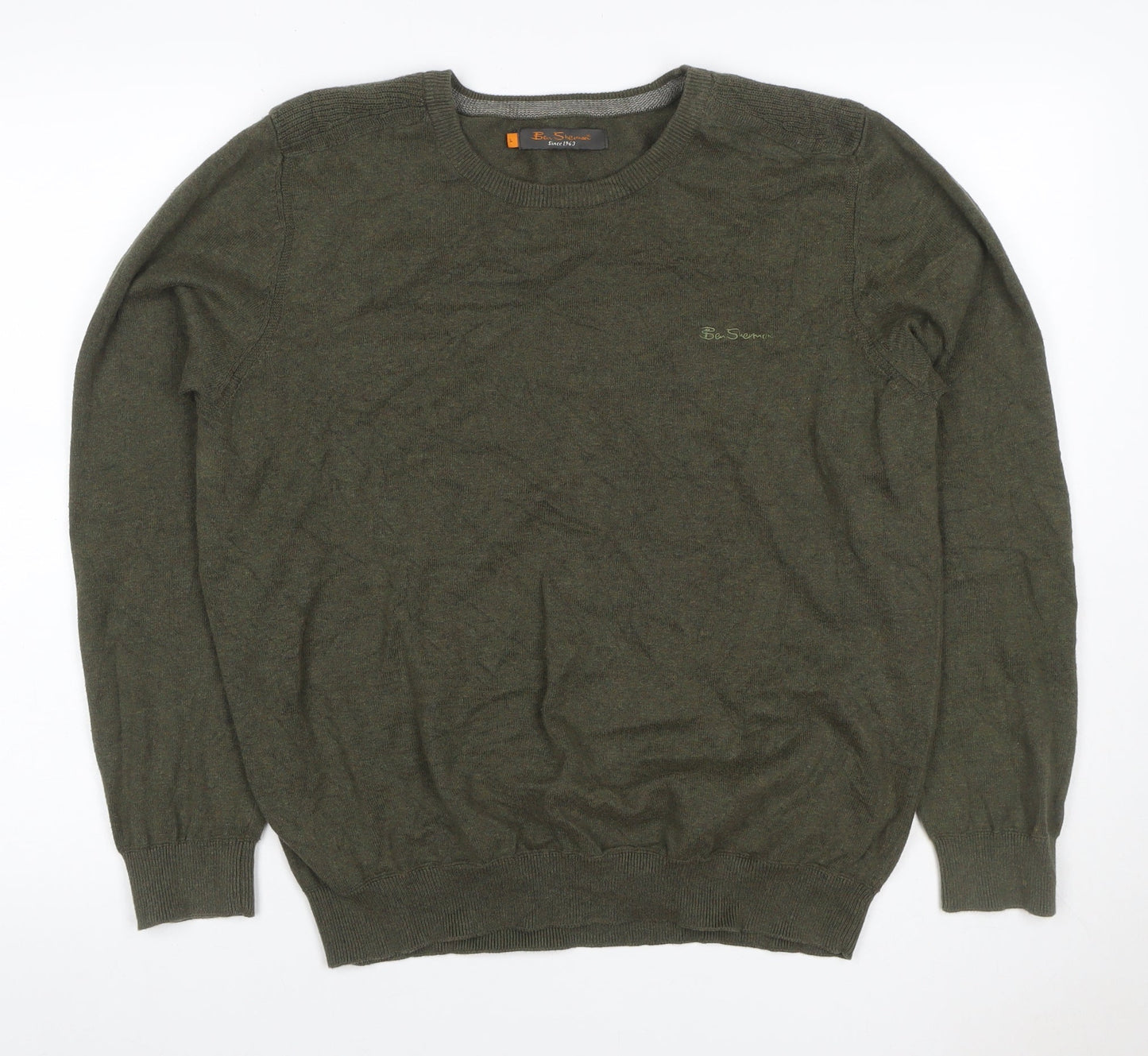 Ben Sherman Men’s Green L Cotton Crew Neck Logo Pullover Jumper