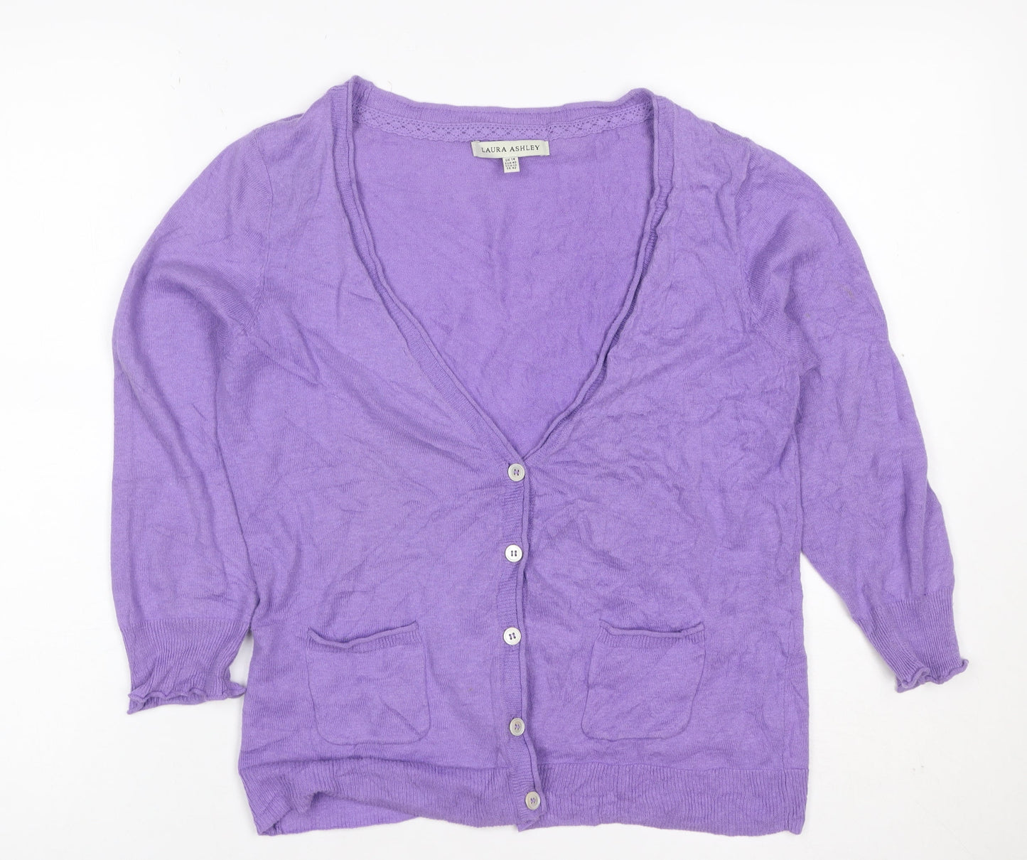 Laura Ashley Women Purple Linen Cotton V-Neck Cardigan UK 14