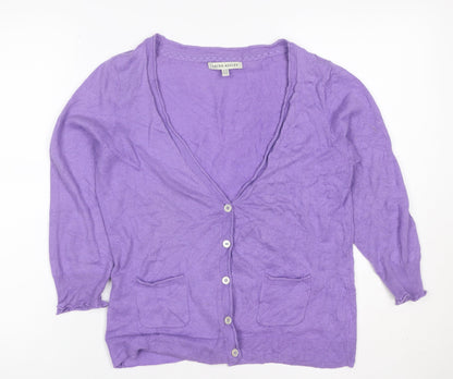 Laura Ashley Women Purple Linen Cotton V-Neck Cardigan UK 14