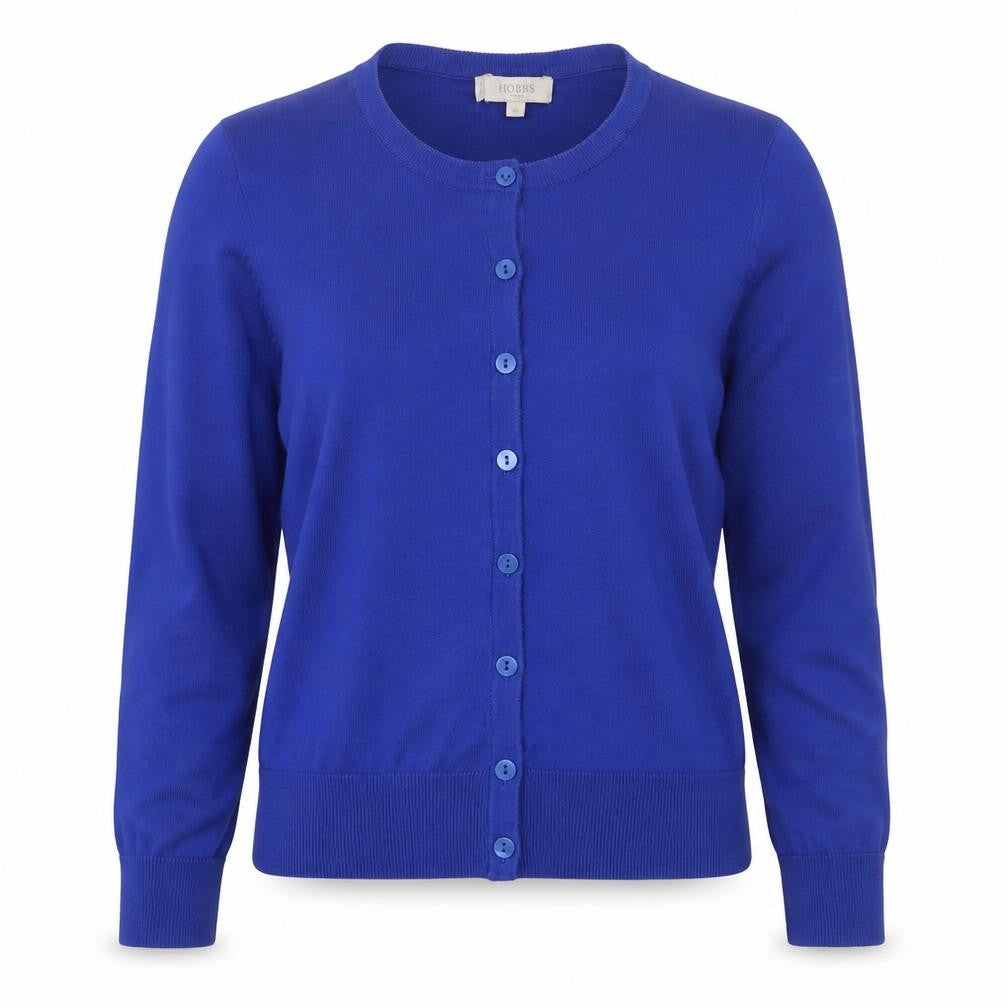 Hobbs Women Blue S Cotton Silk Button Knit Cardigan Round Neck
