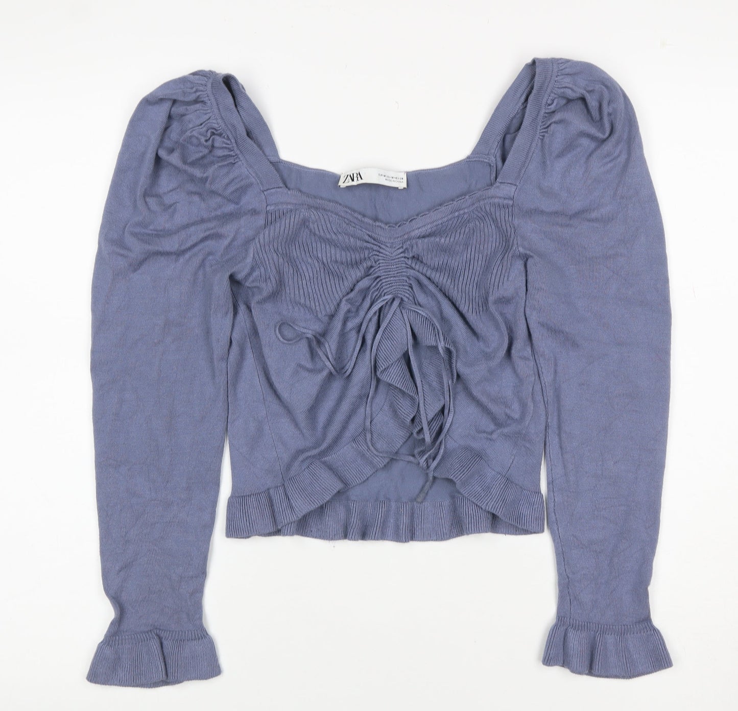 Zara Women’s Blue UK 10 Square Neck Puff Sleeve Ruffle Knit Jumper