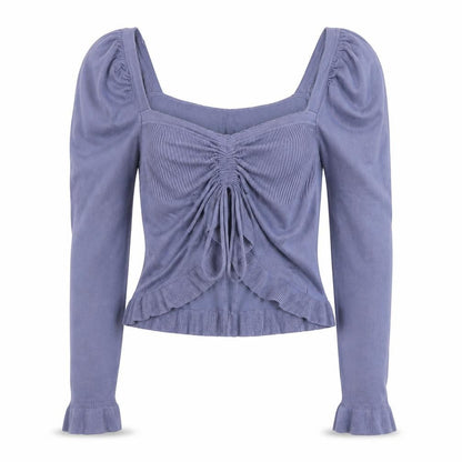 Zara Women’s Blue UK 10 Square Neck Puff Sleeve Ruffle Knit Jumper