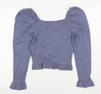 Zara Women’s Blue UK 10 Square Neck Puff Sleeve Ruffle Knit Jumper