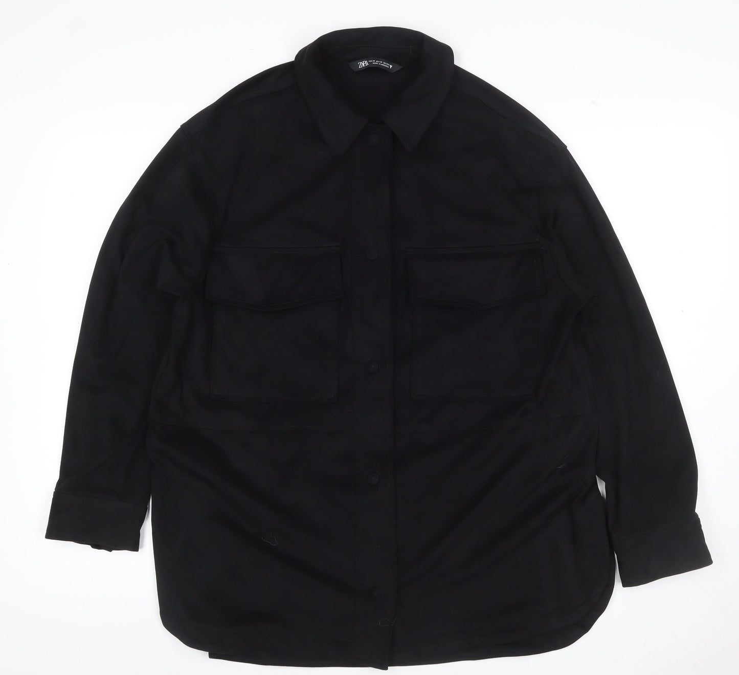 Zara Women Black M Military Utility Shirt Jacket Button Pockets
