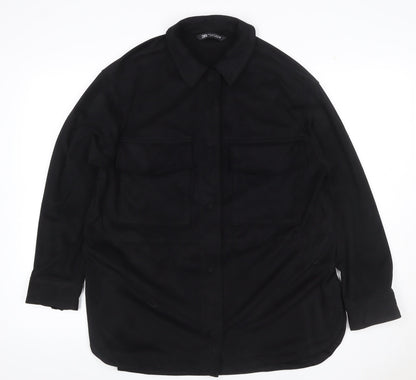 Zara Women Black M Military Utility Shirt Jacket Button Pockets
