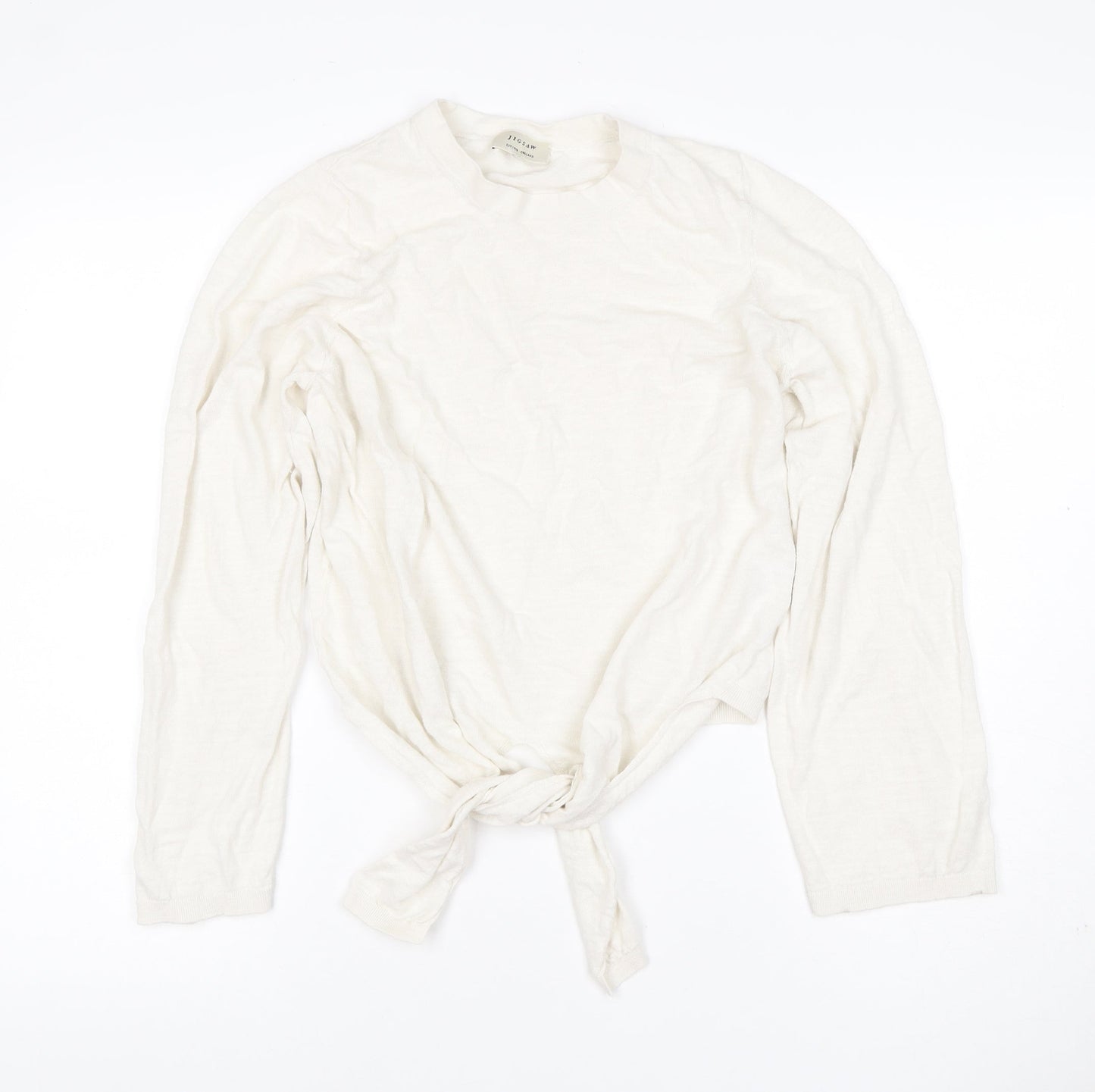 Jigsaw Women Ivory M Linen Cotton Tie Front Long Sleeve Knit Top
