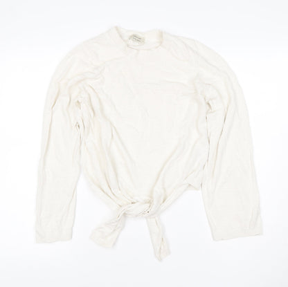 Jigsaw Women Ivory M Linen Cotton Tie Front Long Sleeve Knit Top