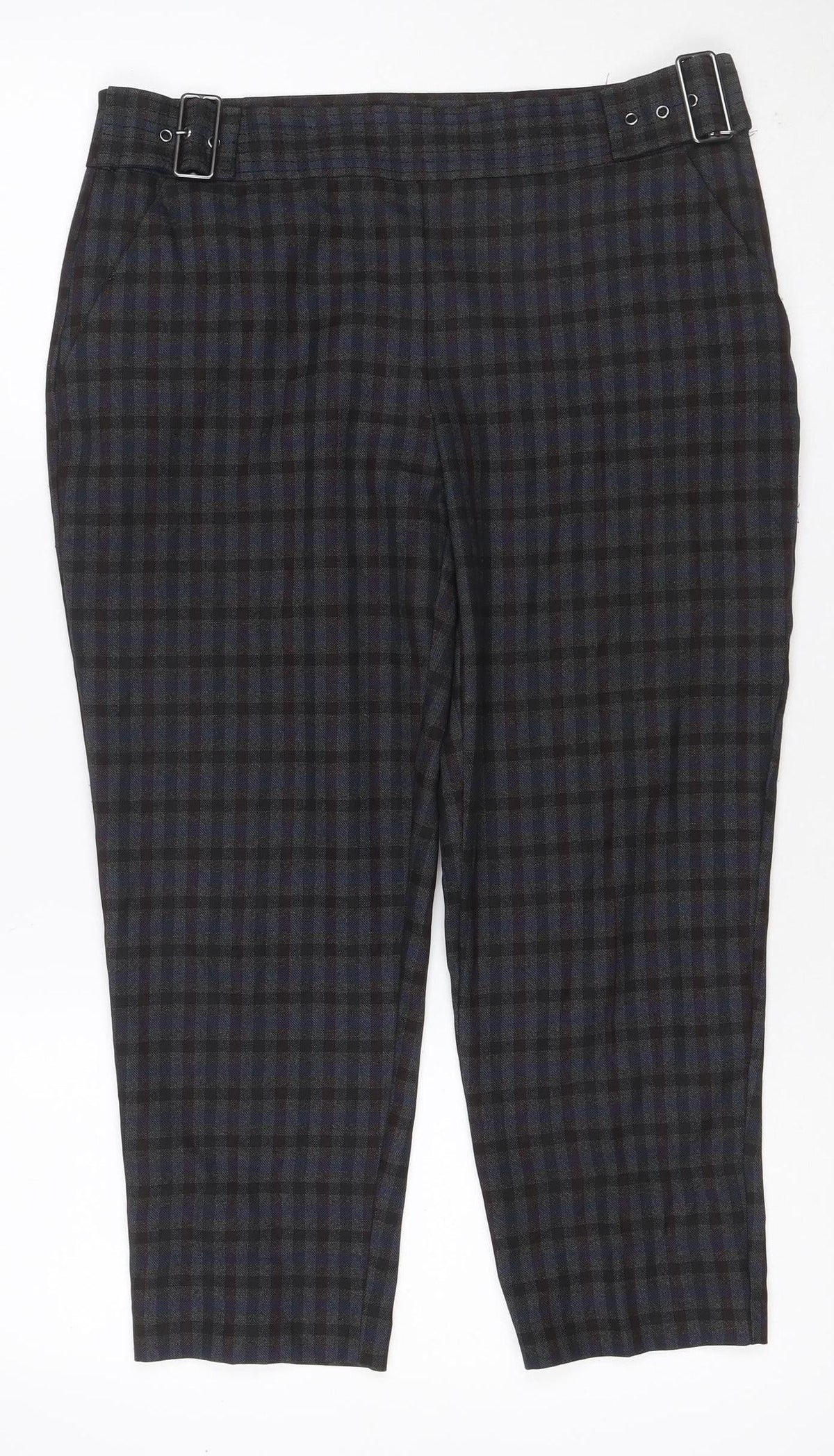 Dorothy Perkins Women Blue Check Straight Trousers UK 10 Adjustable Waist