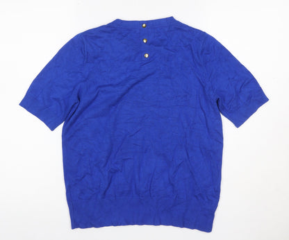 M&Co Women Blue Size 12 Knit Button Back Short Sleeve Basic Top