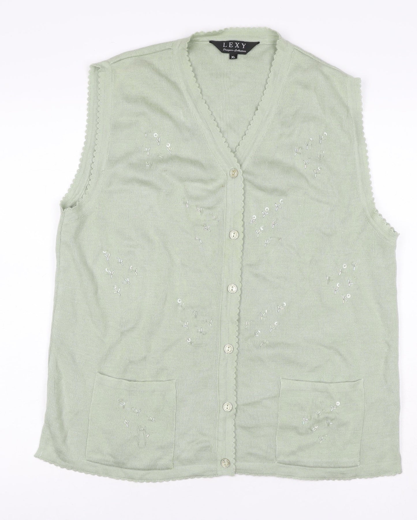 Lexy Women Green XL Sleeveless V-Neck Beaded Floral Cardigan