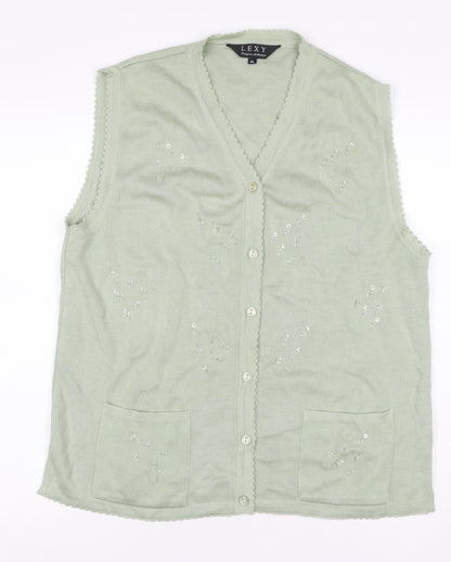 Lexy Women Green XL Sleeveless V-Neck Beaded Floral Cardigan
