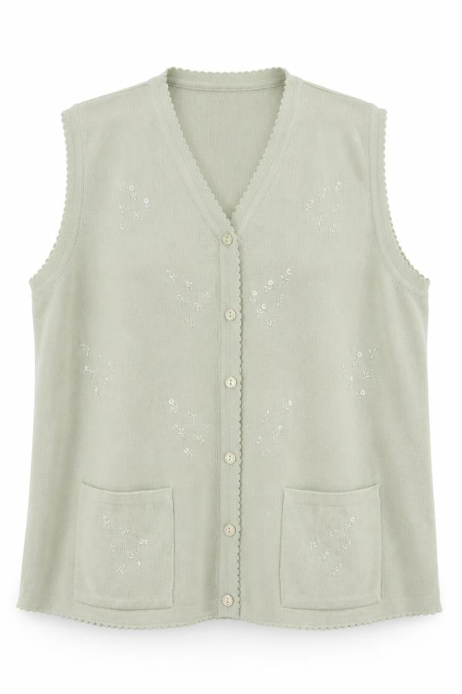 Lexy Women Green XL Sleeveless V-Neck Beaded Floral Cardigan