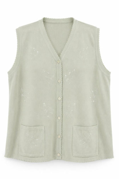 Lexy Women Green XL Sleeveless V-Neck Beaded Floral Cardigan