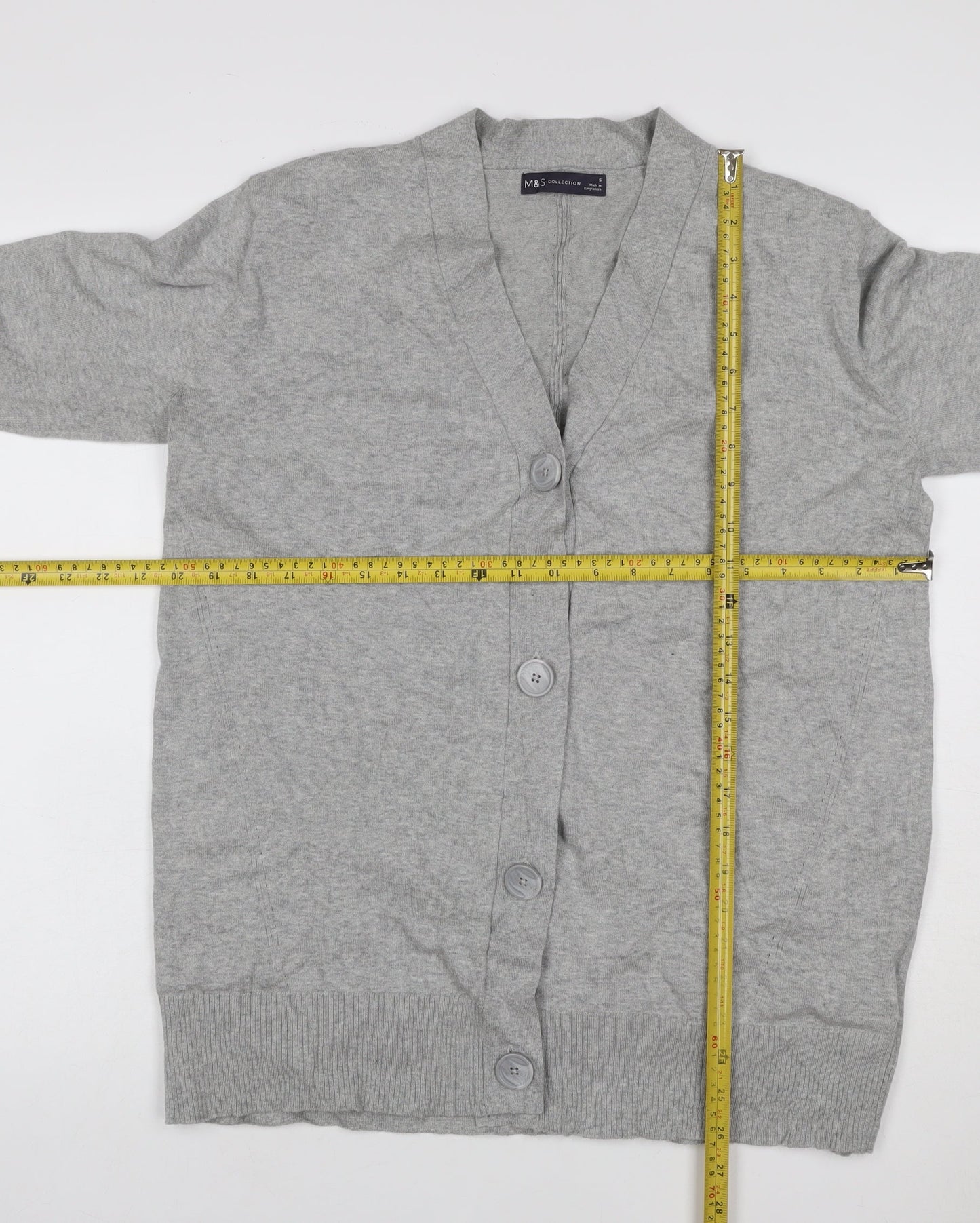 Marks and Spencer Women Grey S V-Neck Long Sleeve Button Cardigan