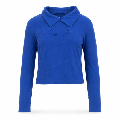 Brave Soul Women's Blue XS Cropped Collared Long Sleeve Polo Top