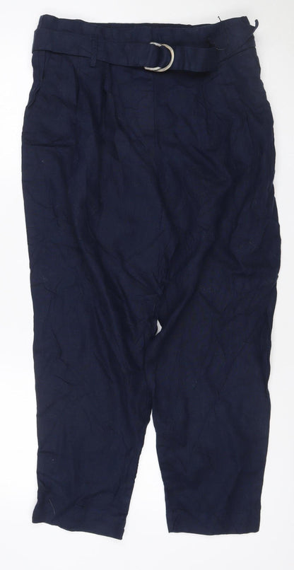 M&S Collection Women Blue Linen Cropped Straight Trousers UK 14