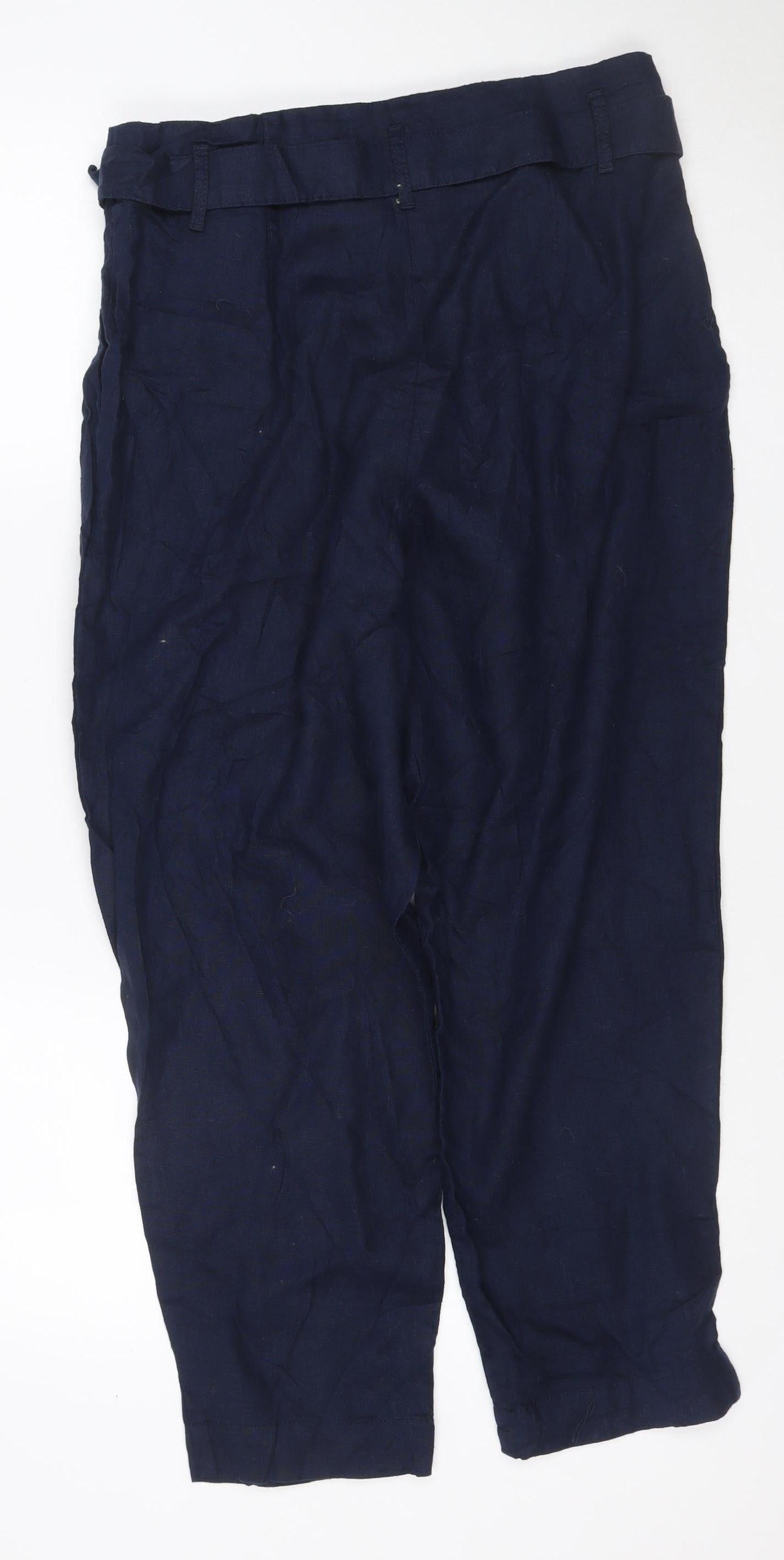 M&S Collection Women Blue Linen Cropped Straight Trousers UK 14