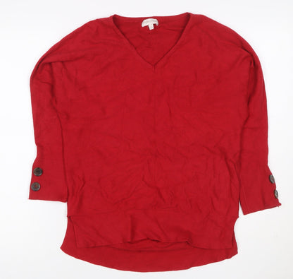 Monsoon Women Red Cashmere V-Neck Button Cuff Tunic Jumper Size S