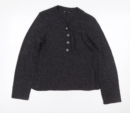 Zara Women’s Grey L Henley V-Neck Button Knit Jumper