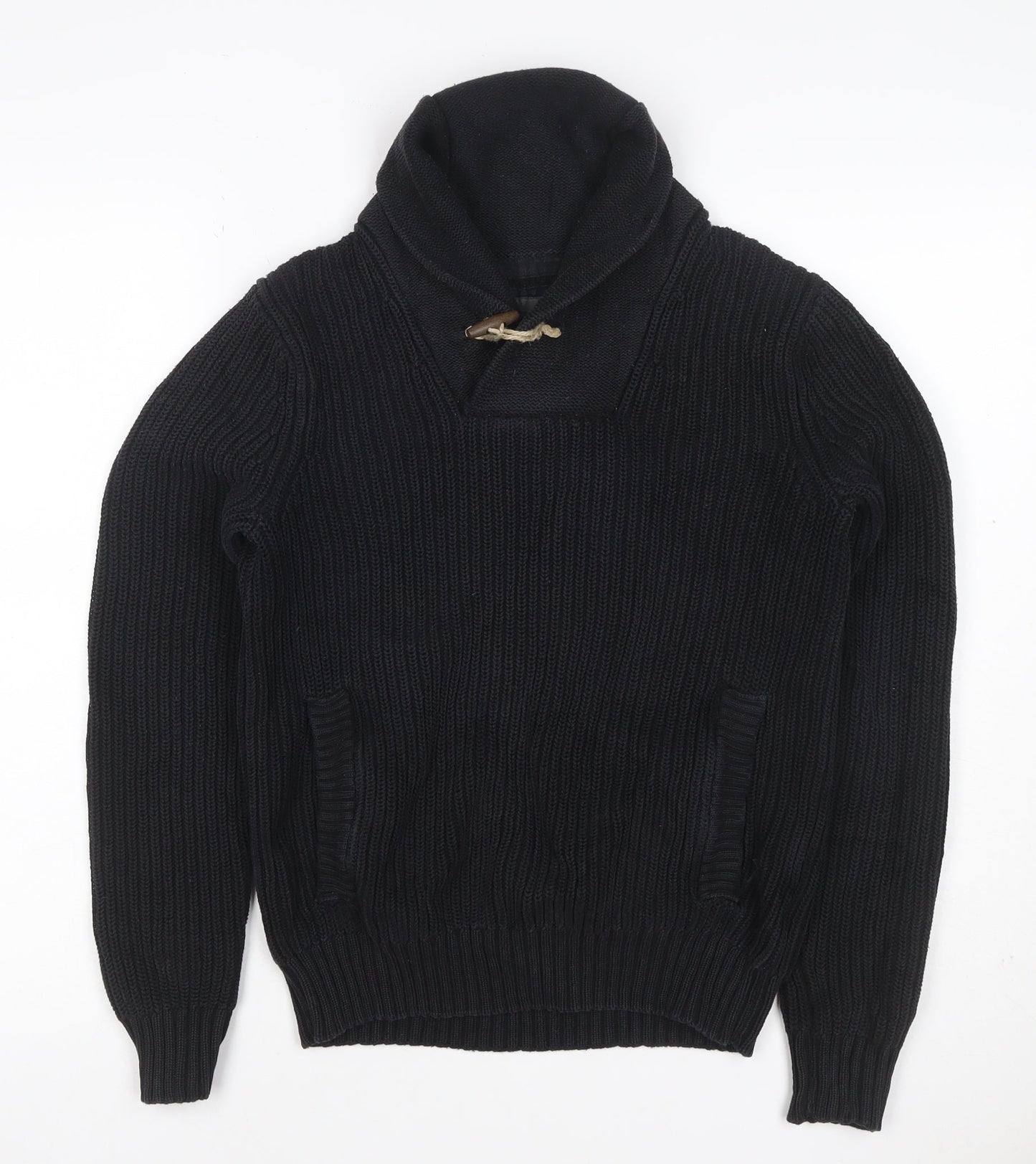 H&M L.O.G.G. Men’s Black S Chunky Knit Shawl Collar Toggle Jumper