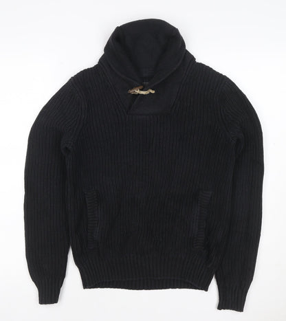 H&M L.O.G.G. Men’s Black S Chunky Knit Shawl Collar Toggle Jumper