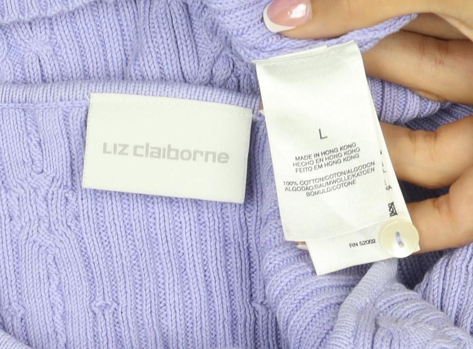 Liz Claiborne Women Purple L Cable Knit Cotton Button Cardigan