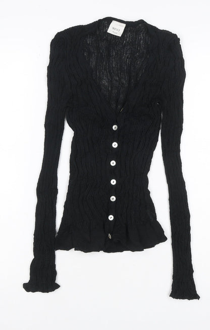 Next Women Black M Sheer Knit V-Neck Button Cardigan Long Sleeve