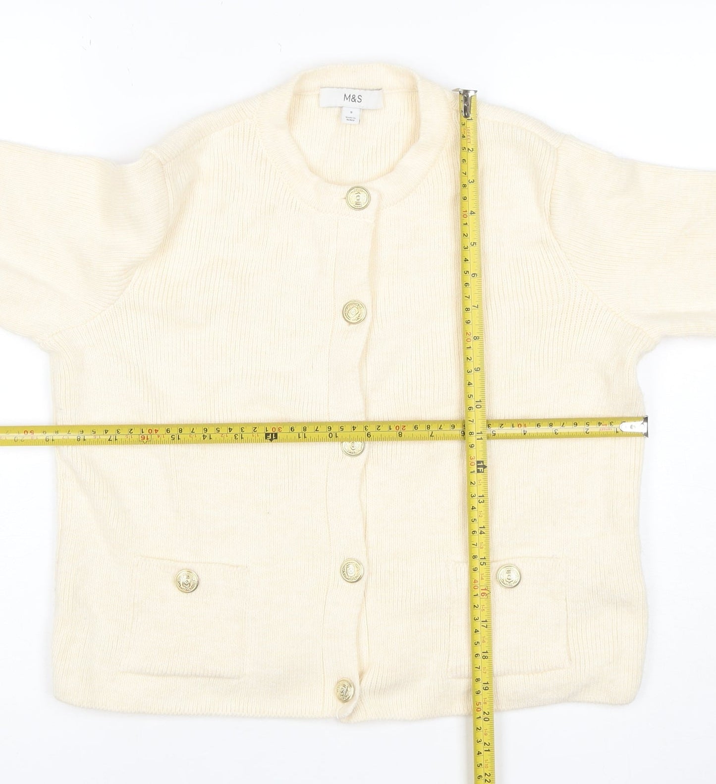 Marks and Spencer Women Ivory S Rib Knit Button Pocket Cardigan