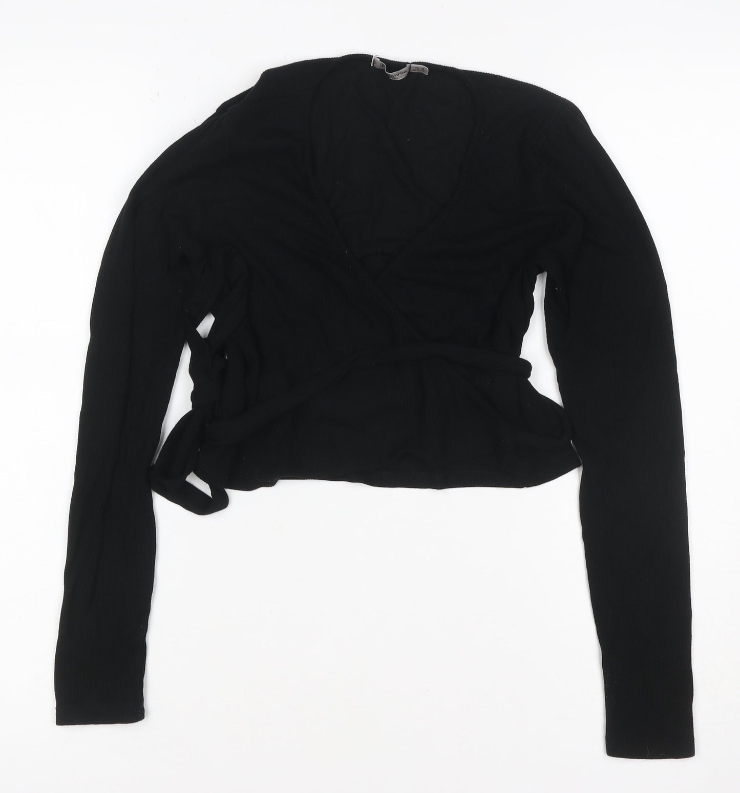 Stradivarius Women Black M V-Neck Belted Knit Wrap Cardigan