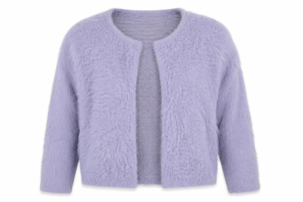 Front view of Roman Women Purple, size 16, Soft Fluffy Open Knit Cardigan