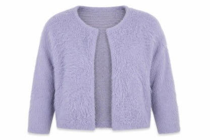 Front view of Roman Women Purple, size 16, Soft Fluffy Open Knit Cardigan