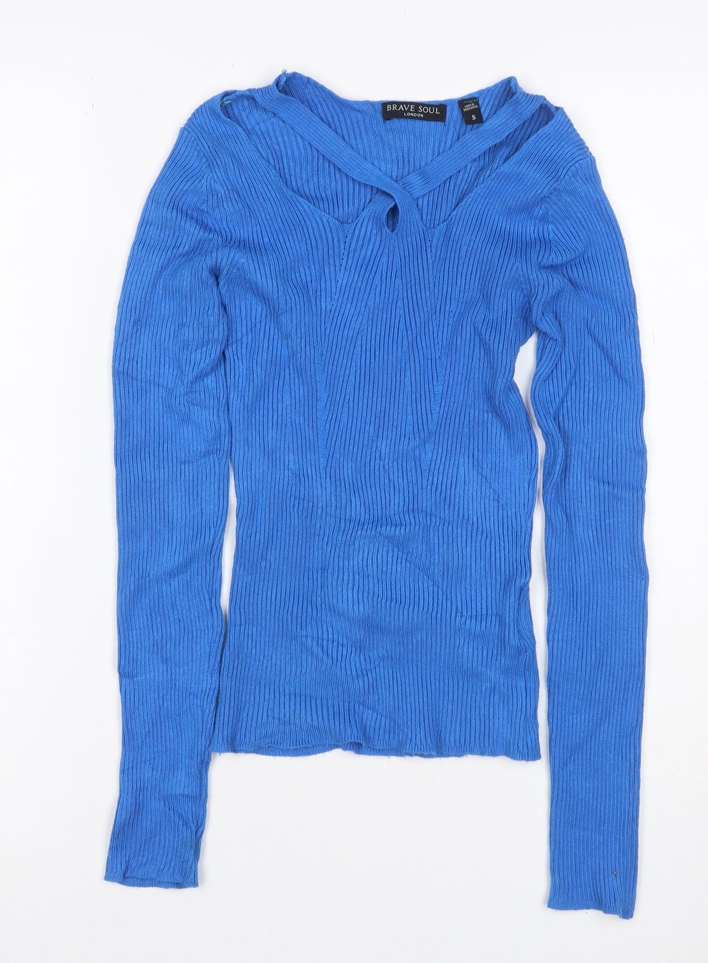 Brave Soul Women Blue Size S Rib Knit V-Neck Tie Detail Jumper