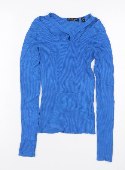 Brave Soul Women Blue Size S Rib Knit V-Neck Tie Detail Jumper