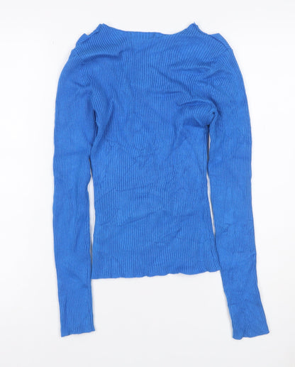 Brave Soul Women Blue Size S Rib Knit V-Neck Tie Detail Jumper