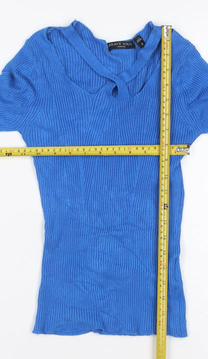 Brave Soul Women Blue Size S Rib Knit V-Neck Tie Detail Jumper