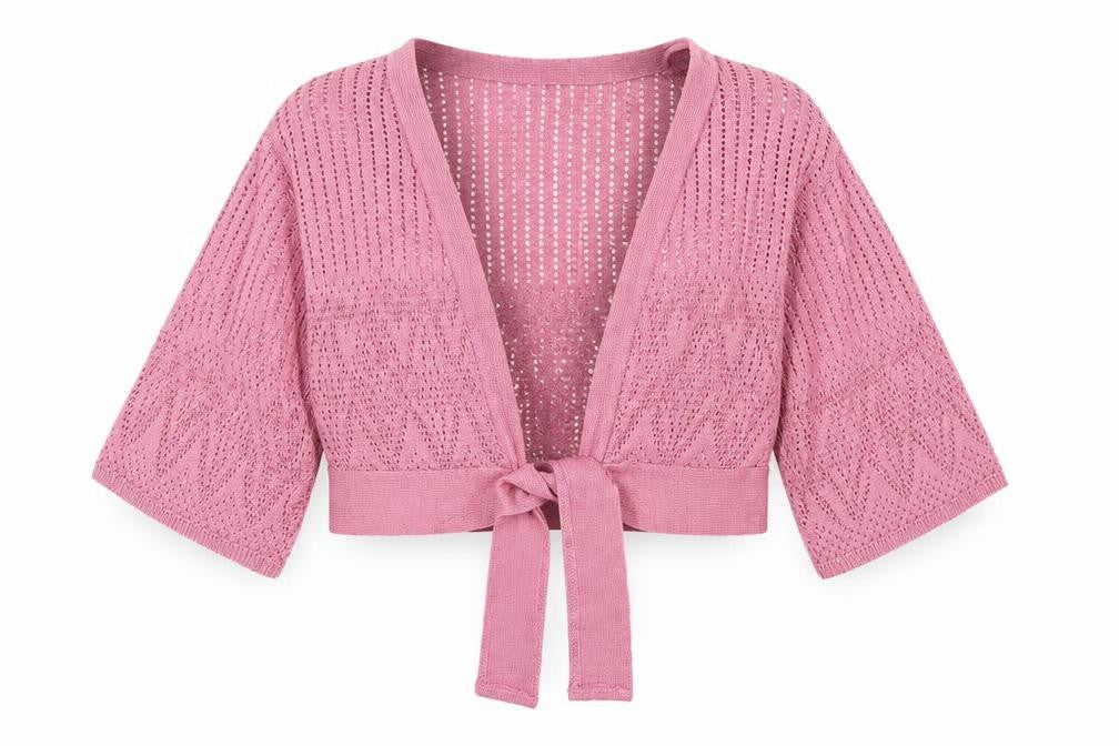 Editions Women Pink Open Knit Tie Wrap Cardigan S/M 3/4 Sleeve