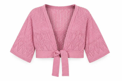 Editions Women Pink Open Knit Tie Wrap Cardigan S/M 3/4 Sleeve
