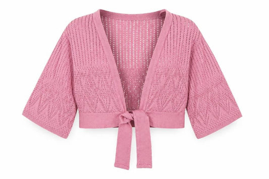 Editions Women Pink Open Knit Tie Wrap Cardigan S/M 3/4 Sleeve