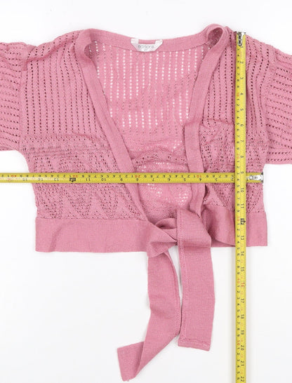 Editions Women Pink Open Knit Tie Wrap Cardigan S/M 3/4 Sleeve