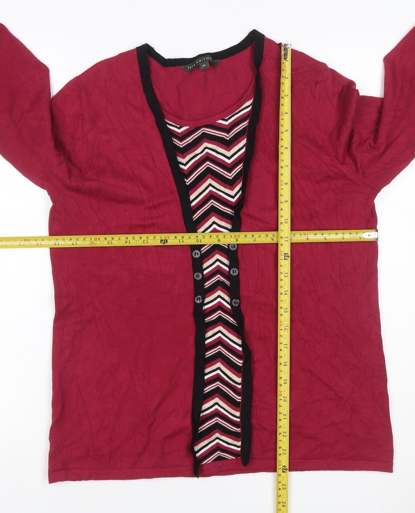 Love Knitwear Women’s Red Stripe Panel V-Neck Cardigan Size 14