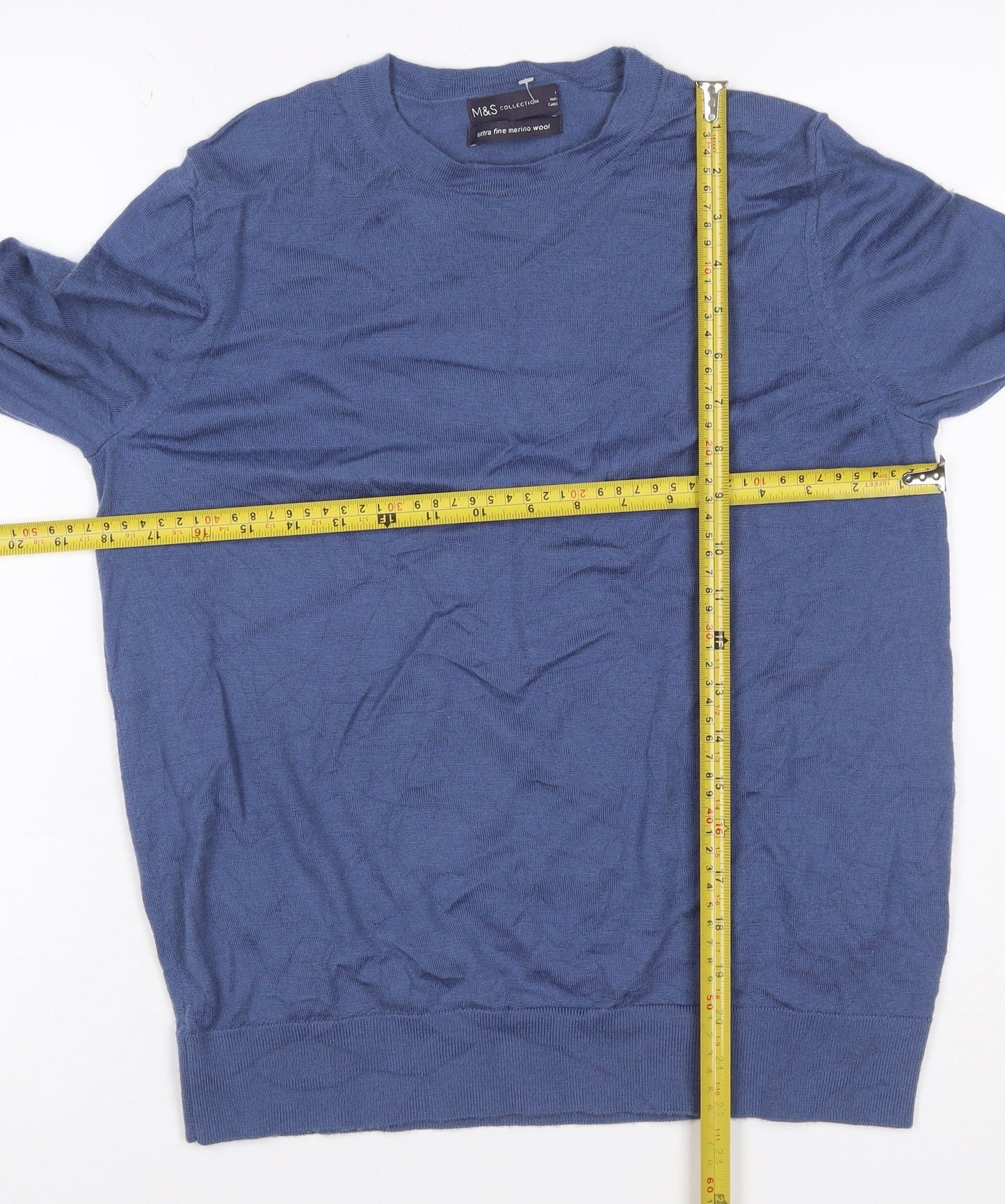 Marks and Spencer Women Blue Size 14 Merino Wool Crew Neck Jumper