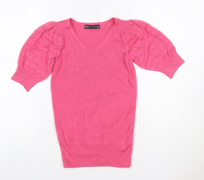 Marks and Spencer Women Pink Size 6 V-Neck Rib Knit Puff Sleeve Jumper