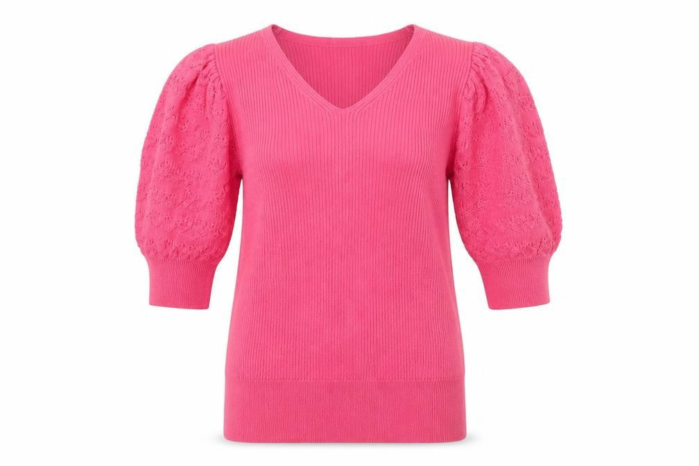 Marks & Spencer Women Pink Size 6 V-Neck Rib Knit Puff Sleeve Jumper
