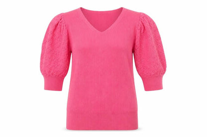 Marks & Spencer Women Pink Size 6 V-Neck Rib Knit Puff Sleeve Jumper