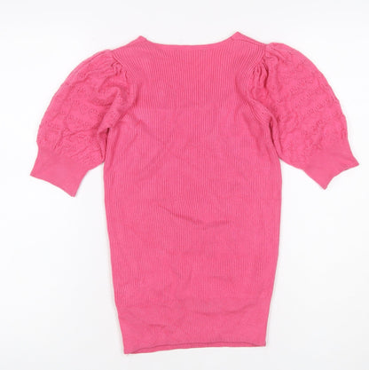 Marks and Spencer Women Pink Size 6 V-Neck Rib Knit Puff Sleeve Jumper