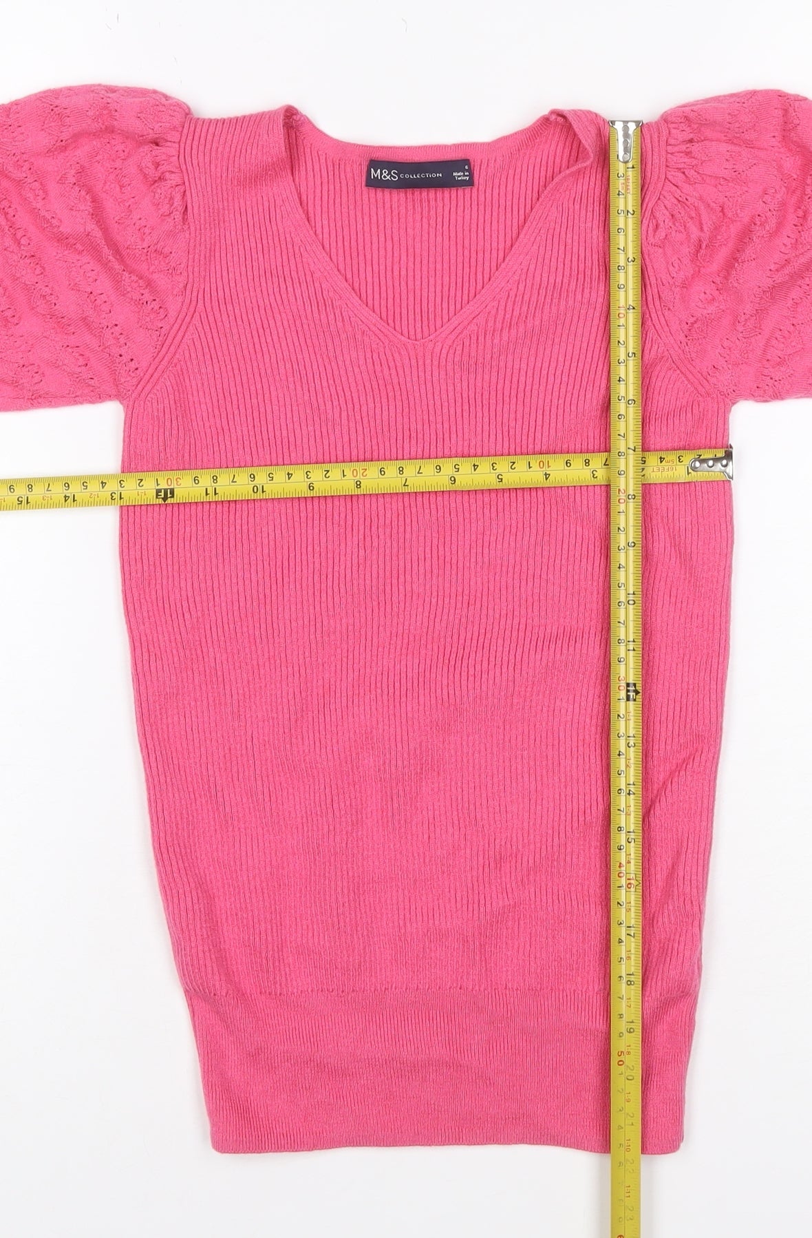 Marks and Spencer Women Pink Size 6 V-Neck Rib Knit Puff Sleeve Jumper