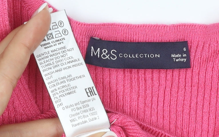Marks and Spencer Women Pink Size 6 V-Neck Rib Knit Puff Sleeve Jumper