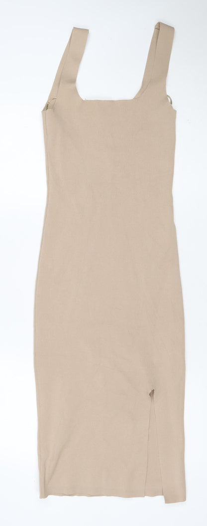 Pimkie Women Beige M Rib Knit Bodycon Midi Strappy Sleeveless Dress