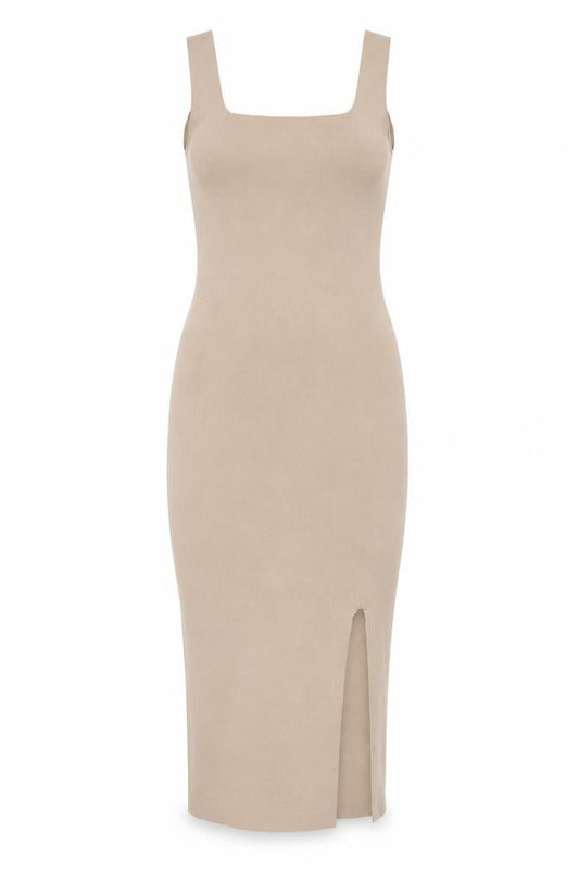 Pimkie Women Beige M Rib Knit Bodycon Midi Strappy Sleeveless Dress
